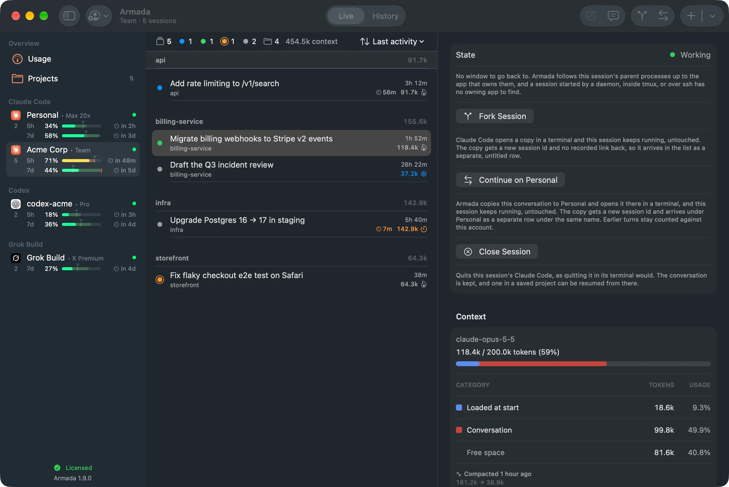 Armada's main window: two Claude accounts and a Codex home in the sidebar, one account's sessions grouped by project with their state, and the selected session's state, actions and context window.