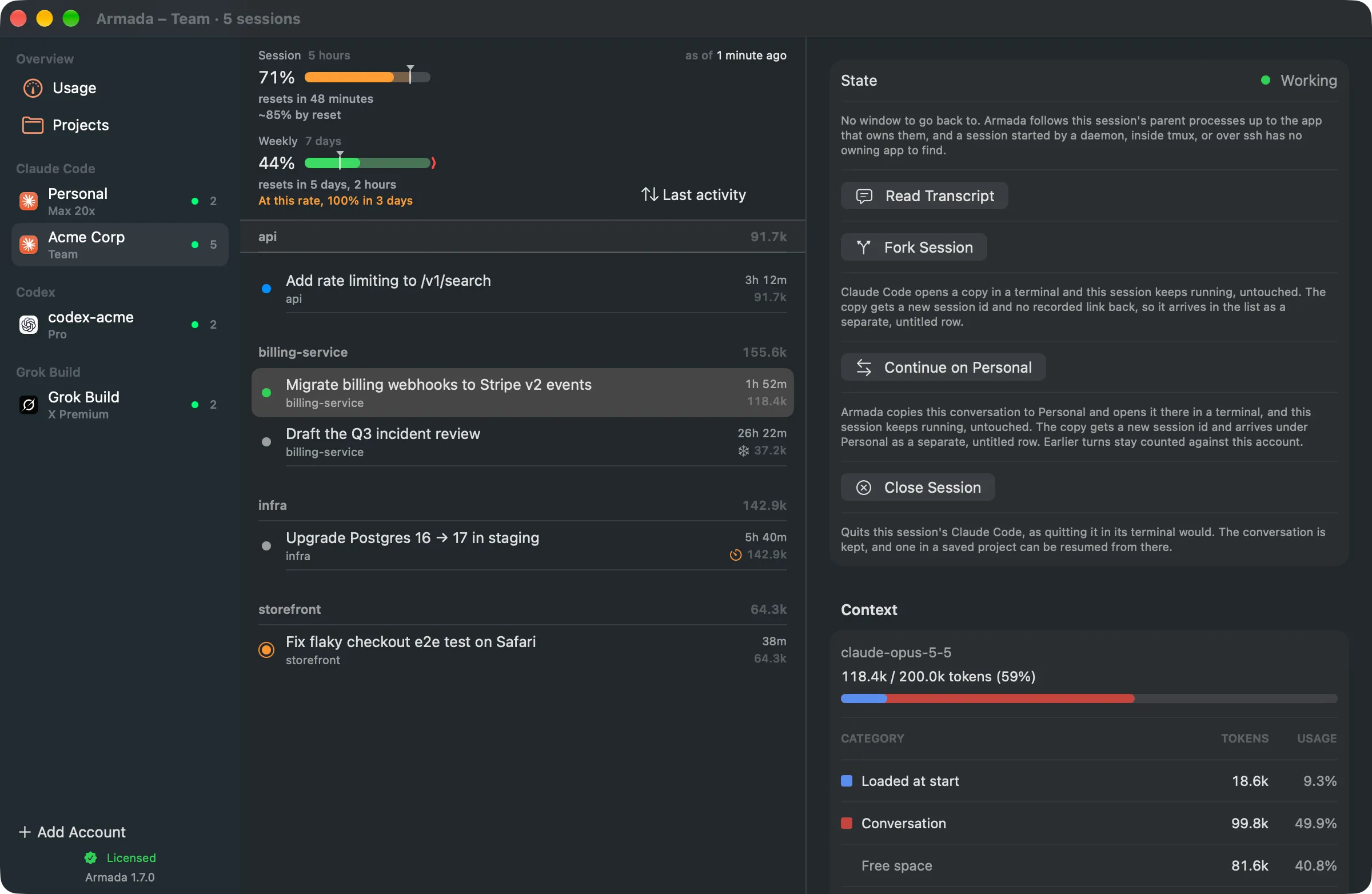 Armada's main window: two Claude accounts and a Codex home in the sidebar, one account's sessions grouped by project with their state, and the selected session's state, actions and context window.