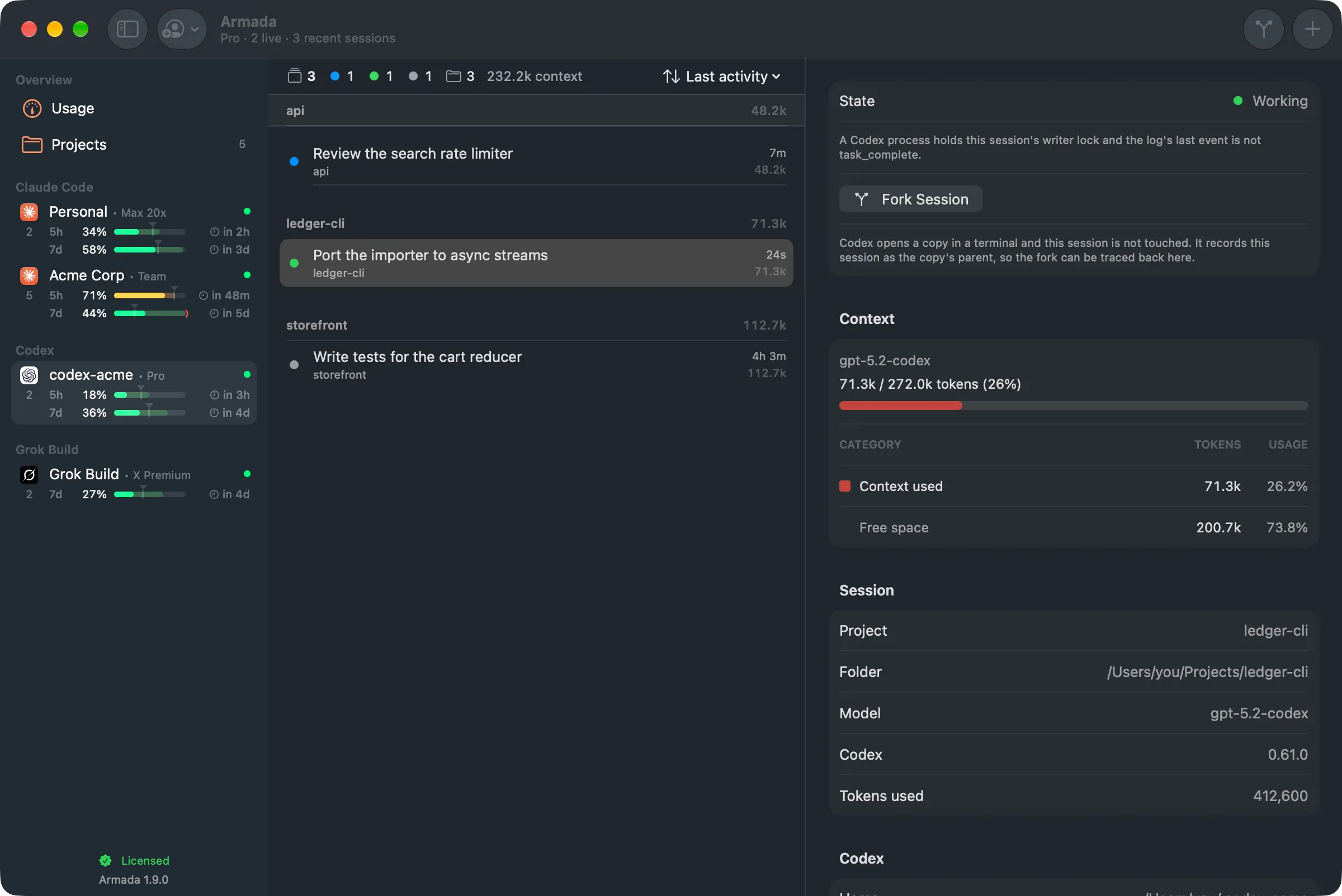 Armada showing a Codex home: its session and weekly limits, sessions grouped by project, and the selected session's context window and details.