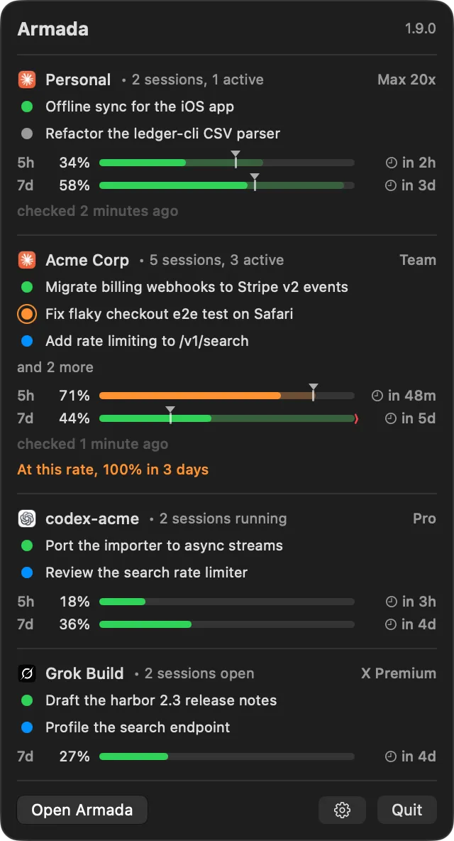 Armada's menu bar panel: each account with its sessions, its 5-hour and 7-day meters with reset times, and a forecast line.